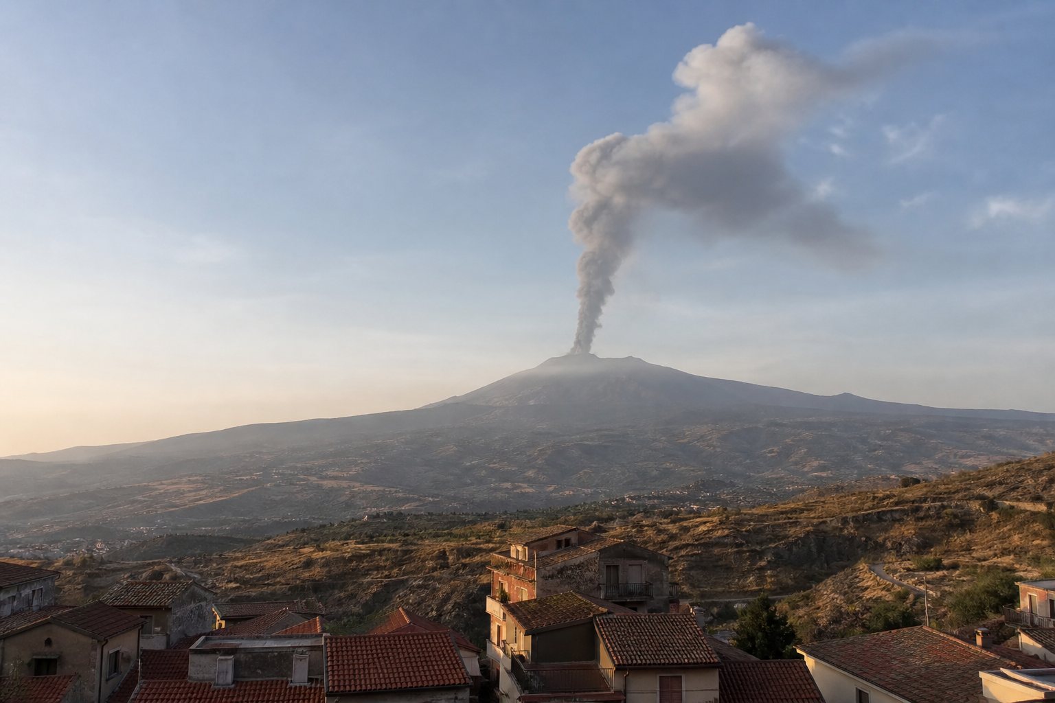 Grijze aspluim boven de Etna, op de voorgrond de daken van een Siciliaans dorp