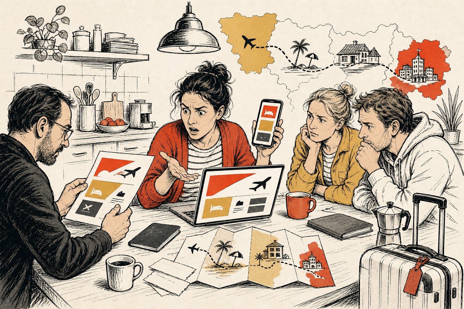 Reiziger vergelijkt aan de keukentafel een goedkope vliegadvertentie met de veel hogere prijs op haar telefoon